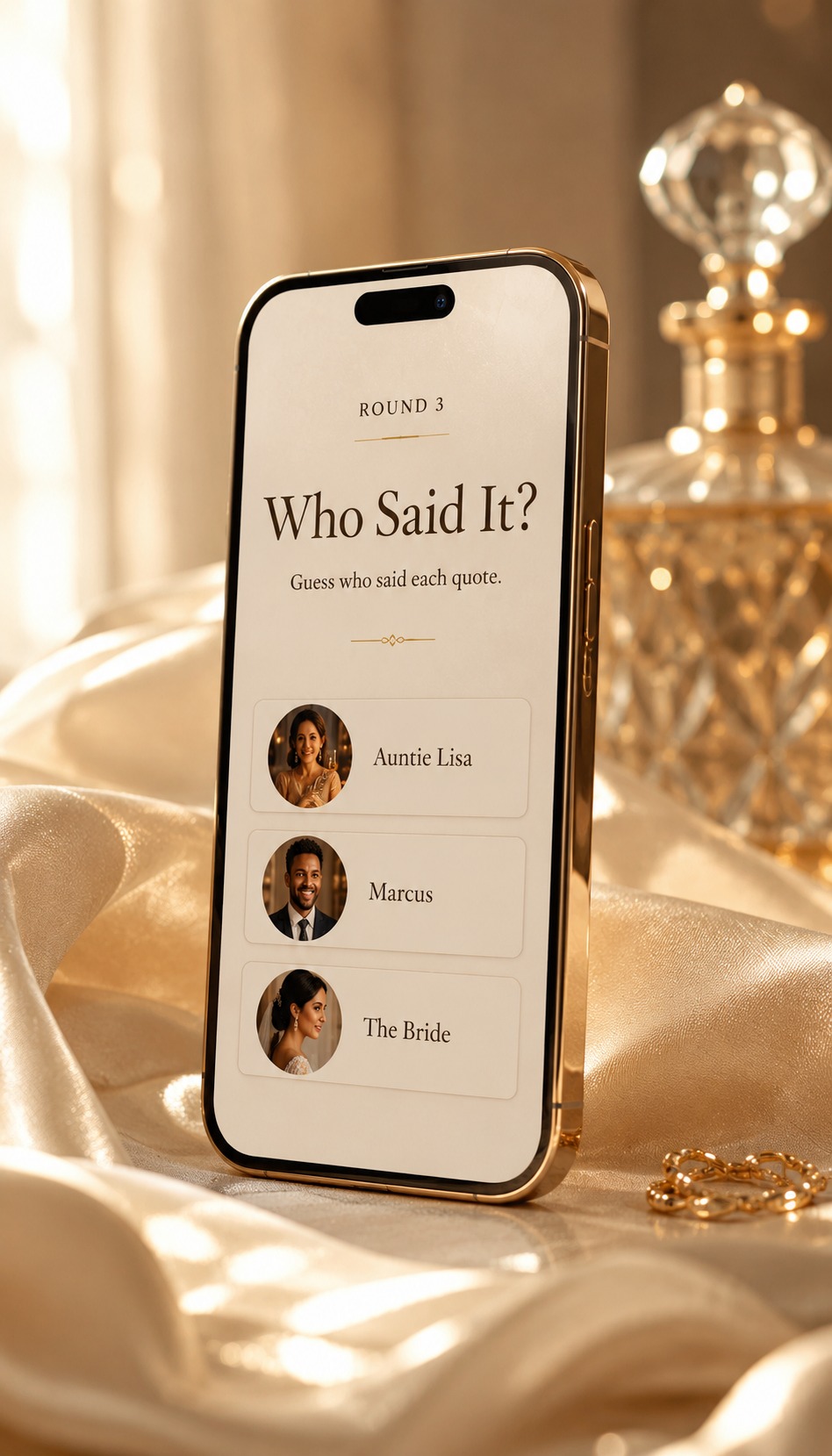 A personalised HadToBeThere game on a phone beside champagne, perfume and gold details